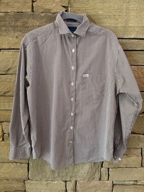 Faconnable Brown & White Micro-Check Gingham Soft Cotton Button Up Shirt
